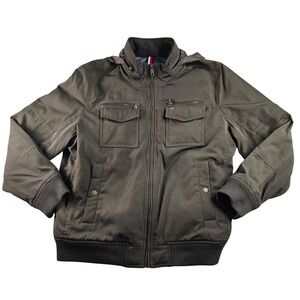 Tommy Hilfiger Mens Olive Green Bomber Jacket Hooded Zip Up Pockets Size XL